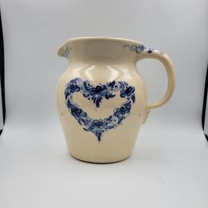 Vintage Ellis Prod Pottery Marshall TX Hand Painted & Signed Blue Heart Pitcher
